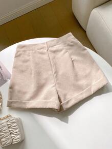 SHEIN EZwear 女士夏季沙滩户外休闲高腰卷边灯芯绒短裤 - 杏色 - 查看 2