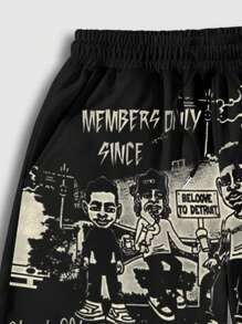 ROMWE MEN Goth Men's Street Graphic Character Print Shorts, Suitable For Daily Wear In Spring & Summer
