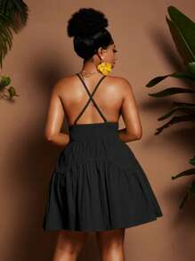 Maweii Vestido mini asimétrico de línea A con volantes, escote en V con tirantes finos, cintura con lazo, unicolor, elegante para vacaciones, tallas grandes, primavera/verano