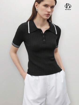 BizChic 2025 Sommer Neuheit Zwei-Ton Strukturiertes Strick-Polohemd, Damen Business Lässig Alltagsoutfit Geeignet für elegante Strandurlaube, Hochzeitsgäste, Country-Musik-Festivals, Frühstück, Flughafenoutfit, 160S Vintage Stockholm Style, Amerikanischer Unabhängigkeitstag