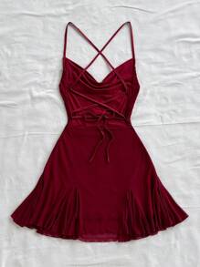 Soleia 女士度假细肩带迷你连衣裙，垂坠领口，露背，蝴蝶结，鱼尾，优雅，女士迷你连衣裙，及膝，散步，浪漫，约会，沙滩装，网眼，年轻，少女