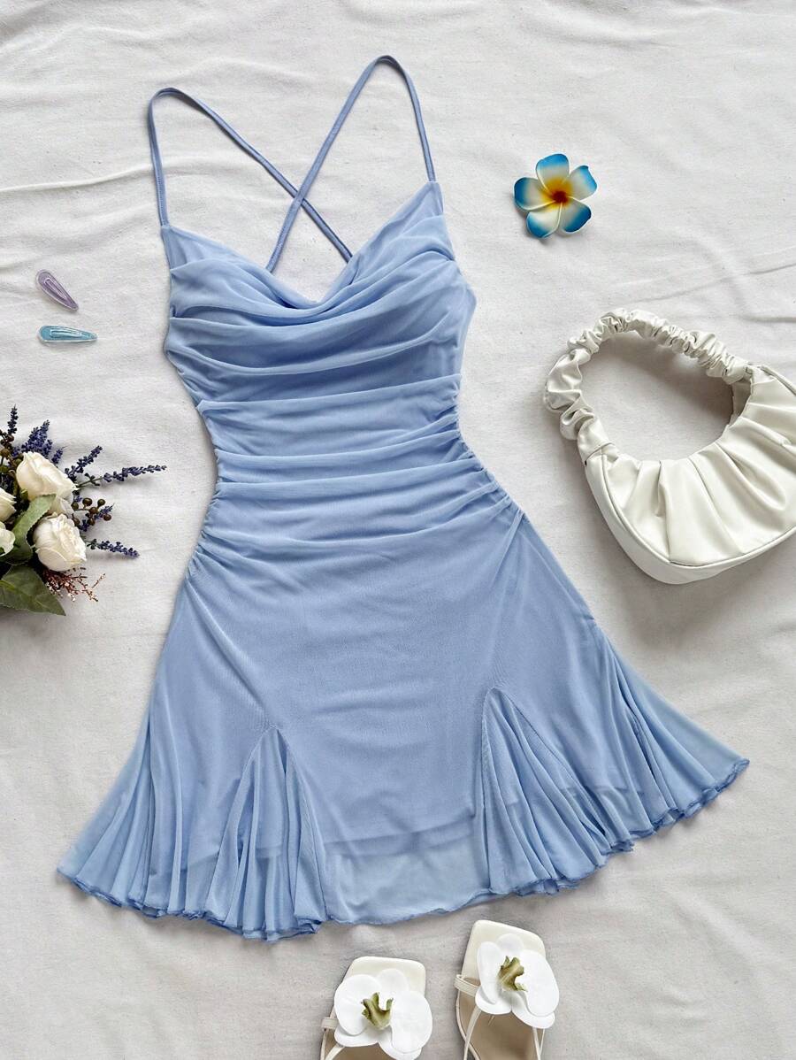 Soleia Vestido mini para mujer de estilo vacacional, con tirantes de espagueti, cuello drapeado, espalda descubierta, lazo, cola de pez, estilo sexy, para el té, pasear, romántico, cita, atuendo de playa, malla, joven, estilo juvenil