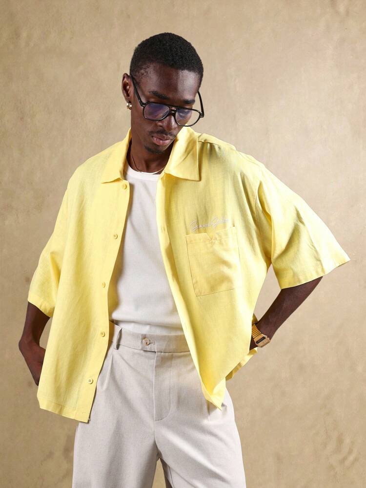 メンズシャツ：ボタンダウンリネン風リラックスフィットシャツ