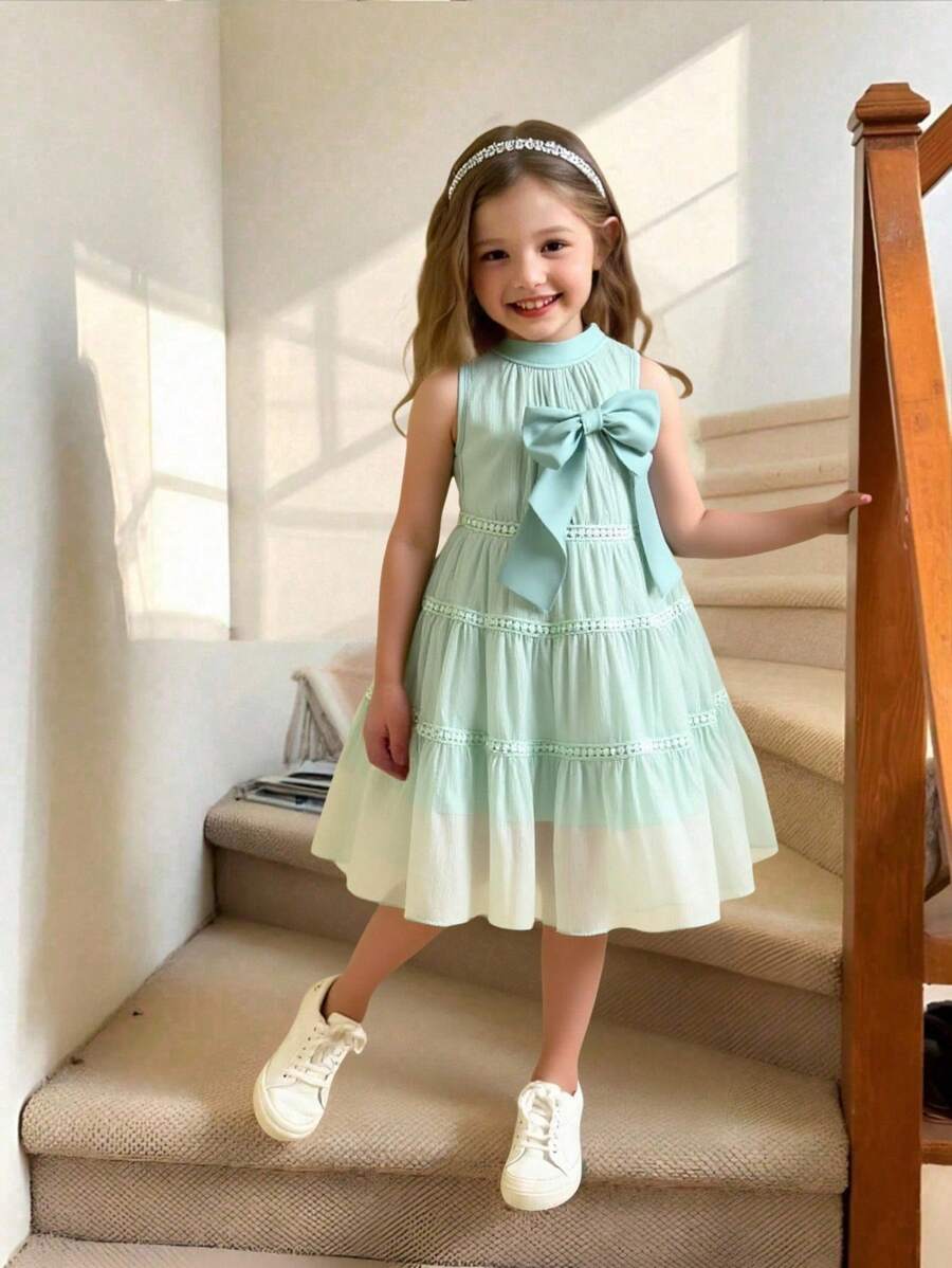 Elladie kids Young Girls Princess Style Mesh Butterfly 3D Decor Mid-Length Elegant Dress - Green - View 1