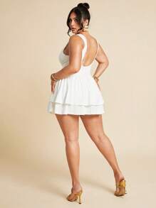 SHEIN BAE Plus Size Women's Spring And Summer Base Solid White Sleeveless Tight Pleated Slim Elegant Mini Double Layer Ruffle Women's Jumpsuit Women's Dress, Valentine's Day Jumpsuit, Daily Jumpsuit, Elegant Jumpsuit, White Jumpsuit,Y2k,4th Of July Outfits,Club Outfits Women Sexy,Country Concert Outfit,Fourth Of July,Concert Outfit Women,Rave Outfits Festival,Western Clothes For Women,Graduation ,Vacation Outfits Woman,White Graduation Dress,White Dress Plus Size,White Dresses Classy Elegant,White Skirt,Birthday Dresses For Women,Sundress,Flowy Dress - White - View 3