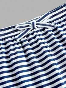 SHEIN Girlism Conjunto de Top Canelada Listrada Azul Marinho e Branca com Laço e Calça Pantalona Larga, Estilo Vintage Confortável e Casual, Adequado para Meninas Tween em Casa