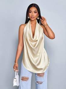 SOLERSUN Spring And Summer Women's Wear Leisure Vacation Apricot Glossy Fabric Deep V Neck Halter Straps Swing Neck Curved Hem Backless Straps Woven Fabric Vest