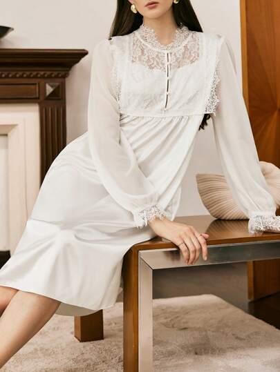 法式优雅蕾丝缎面女士睡袍