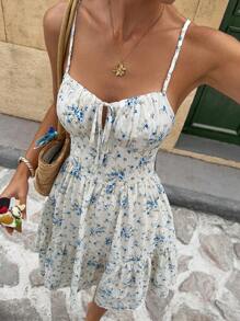 Serisse Women's Vacation Floral Print Tie Front Spaghetti Strap Mini Dress Summer