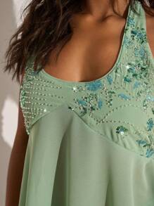 Opulessa Women's Solid Color Woven Halter Neck Sequin Design Fashion Top Holiday Summer Vacation - Green - View 6