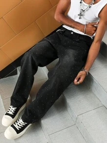 Manfinity Roghcode 男士宽松牛仔裤，夏季时尚，Emo风格，垃圾摇滚风 - 黑色 - 查看 6