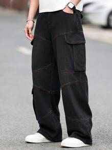 Manfinity Hypemode Baggy Black  Jeans: Wide Leg Denim Pants With Flap Pockets And Contrast Stitching - Black - View 1