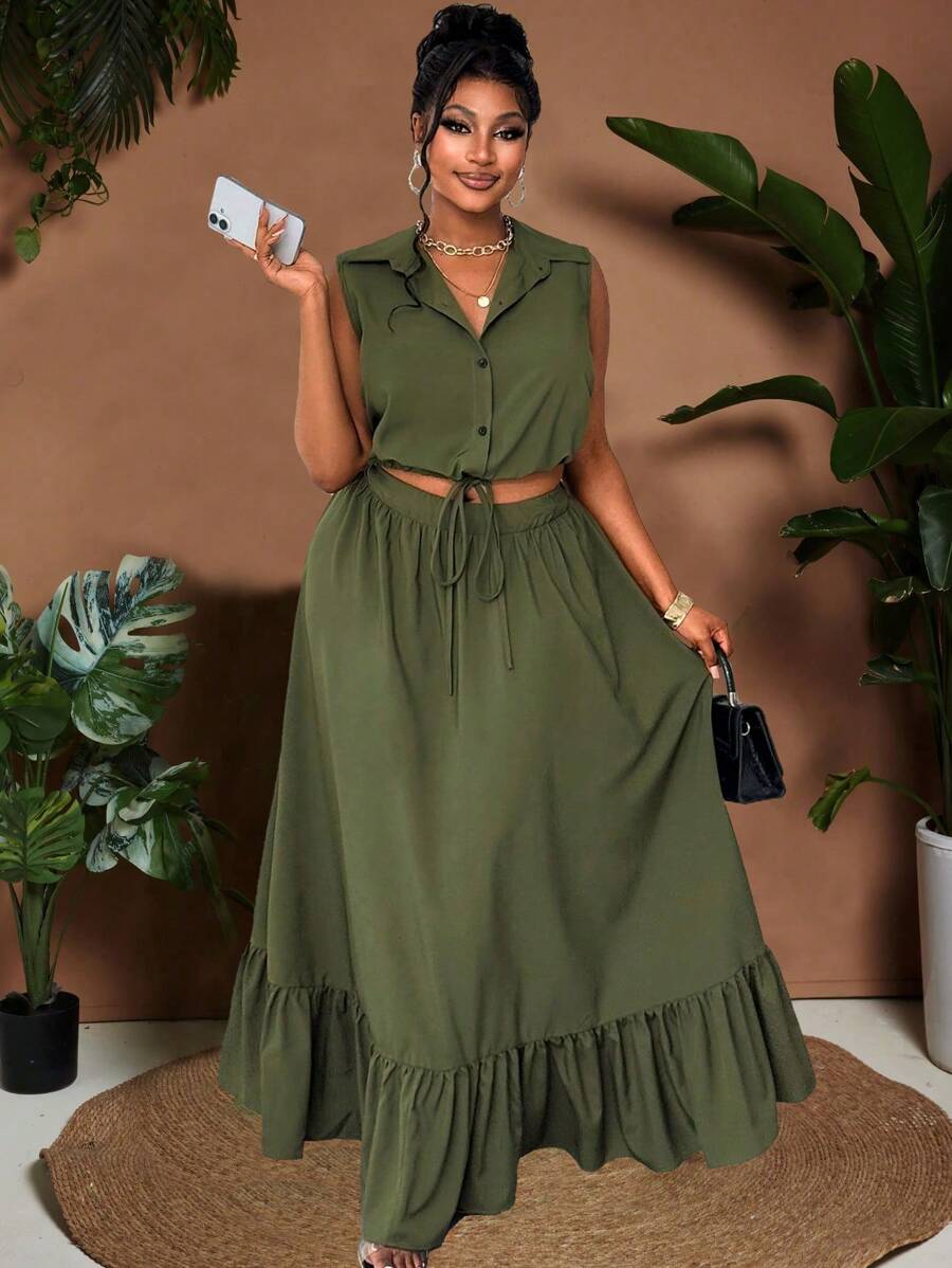 Maweii Plus Size Summer Casual Solid Color Tank Top & Extra Long Skirt 2 Pieces Set - Army Green - View 1