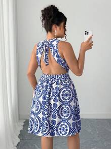 Elenzga Vacation Style Backless Tie Neck A-Line Dress - Multicolor - View 2