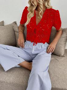 Pariaura Áo cánh tay ngắn thêu ren khoét sâu cho nữ, thanh lịch - Đỏ - Xem 6