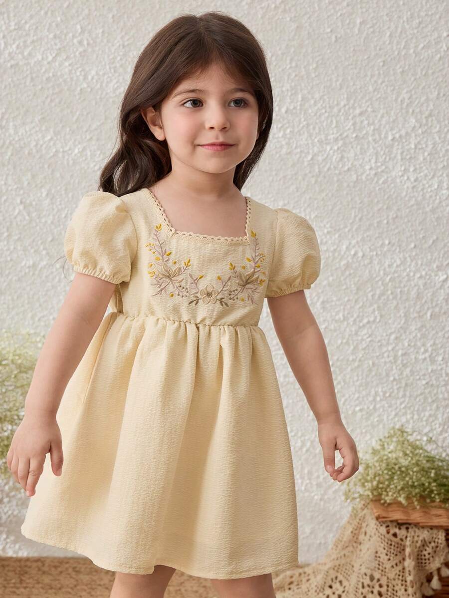 Blossori 女婴花卉刺绣泡泡袖连衣裙,田园风格 - 彩色 - 查看 1