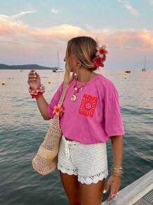 DrmWander Camiseta de moda de manga corta y cuello redondo para mujer, top ideal para vacaciones, adecuado para el verano