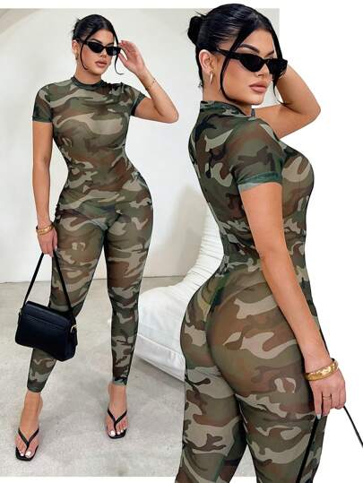 SHEIN SXY Sexy Semi-Sheer Camouflage Print Mesh Jumpsuit, Summer Outfits For Women, Mesh, Club Outfits Women Sexy, Going Out, Club Outfits, Streetwear Women, Camo, Women Clothing Y2k, Women Street Wear