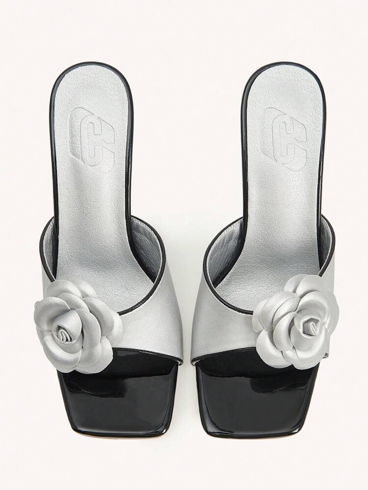 CUCCOO CHICEST Women's Summer Silver Camellia Flower Contrast Color Square Toe Slim Heel Elegant Noble Elegant Classic Retro Silver Metallic Color High Heel Sandals, Slippers, Flip-Flops, Suitable For Resort, Formal Dress, Party, Afternoon Tea, Ramadan