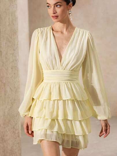 Aveloria Rosie Elegant V-Neck Chiffon Long Sleeve Cinching Waist Ruffle Hem Swing Dress ROMANTIC Style Inspiration Fall Cloth For Women