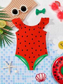 Cute Watermelon Print Baby Girls Casual Slim-Fit Beachwear Jumpsuit Swimsuit, Suitable For Summer Vacation - Multicolor - View 1