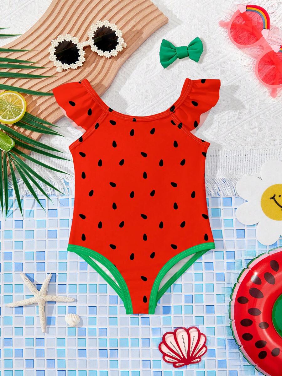 Cute Watermelon Print Baby Girls Casual Slim-Fit Beachwear Jumpsuit Swimsuit, Suitable For Summer Vacation - Multicolor - View 1