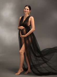 Cheriluna Maternity Robe de maternité pour séance photo, col cravate, dos nu, fendu, robe noire transparente