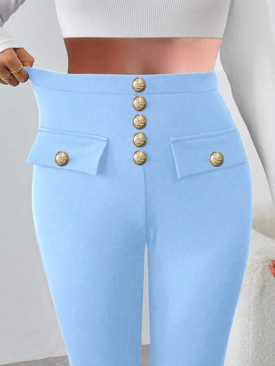SHEIN Unity Pantalones casuales de unicolor y ajuste ceñido para mujeres para ir al trabajo - Azul - Ver 1