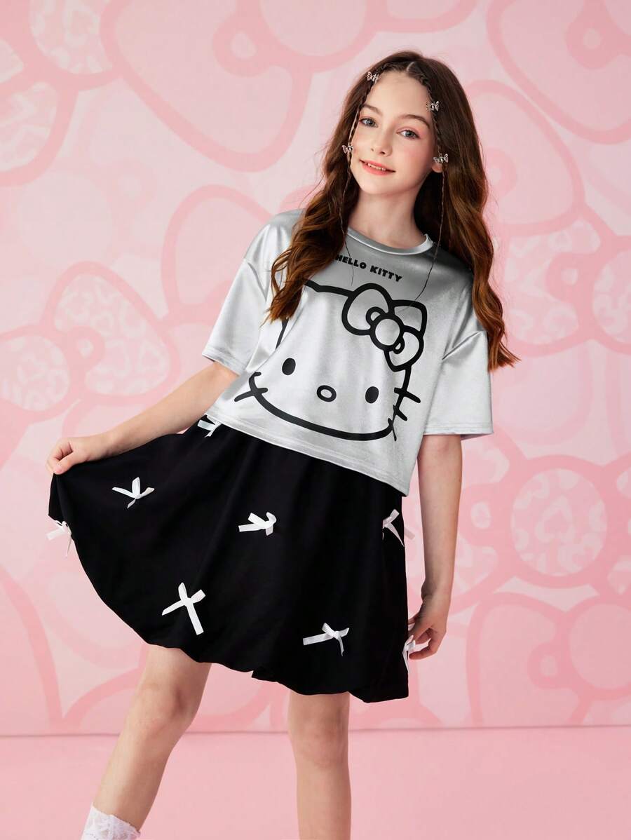 HELLO KITTY AND FRIENDS | SHEIN Tween Girl Cartoon Print Grey Casual Short Sleeve T-Shirt, Summer