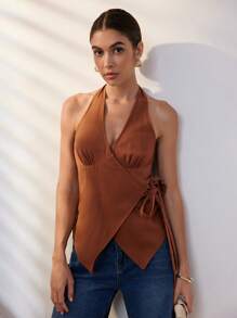 Uhlyne 女式休闲 V 领系带露背不对称亚麻衬衫 - 咖啡棕 - 查看 7