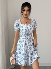 Rafferiza 女式碎花方领泡泡袖腰部抽绳荷叶边下摆中长连衣裙