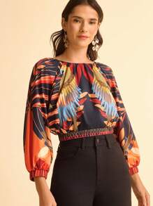 CAJUNI Women's Casual Tropical Colorful Parrot Print Bell Sleeve Cropped Shirt, Black Round Neck - Multicolor - View 4