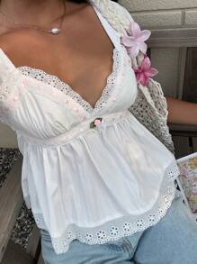 Sunnyshic Women's Vacation Lace Splice Puff Short Sleeve V-Neck Shirt, Summer - White - View 1