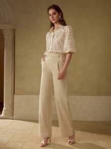 MOTF PREMIUM FAUX PEARL AND RHINESTONE DETAIL SLANT POCKET WIDE LEG SUIT PANTS - Khaki - View 7