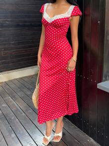 Sunnyshic Black & White Polka Dot Full Print Lace Patchwork Heart Shape Collar Bubble Sleeve Waist Cinched A-Line Midi Dress, Minimalist, Vacation Travel, Sweet, Elegant, Simple, Spring/Summer, Casual Women - Red - View 5