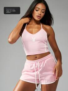Missguided x Playboy Top corto de entrenamiento con cuello de halter y logotipo distintivo, estilo de sujetador deportivo atlético, top sin mangas de verano, ropa de ocio deportivo, atuendo de entrenamiento de estilo Y2K, ropa de estar en casa