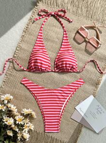 Swim Mod Women's Color Block Stripe Halter Neck Fashion Summer Bikini Swimsuit