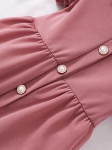 女童纯色领泡泡袖前开可爱夏季连衣裙，配迷你包 - 藕粉色 - 查看 6