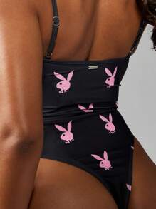 Missguided x Playboy High Cut One Piece Swimsuit Rabbit Print Monokini Scoop Neck Beach Pool Party Summer Bathing Suit - Black - View 6