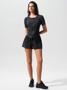 Menodora SHEIN Sport Cloudkiss 100%Cotton Plain Knitted Washed Casual Sports Shorts - Dark Grey - View 4