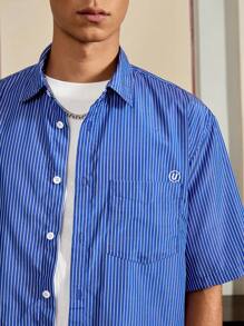 SWAVVY Men's Woven Casual Striped Short Sleeve Loose Fitting Blue Button Up Shirt, Youthful Daily Wear - Blue - View 3