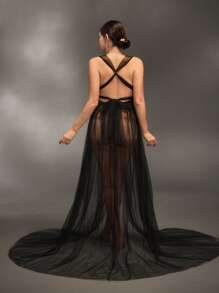 Cheriluna Maternity Robe de maternité pour séance photo, col cravate, dos nu, fendu, robe noire transparente