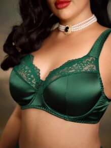 PinupGlam Underwired-BH in Große Größen mit Blumen-Spitze, Satin und transparenten Elementen, bequem für den täglichen Gebrauch mit breiten Trägern, olivgrün