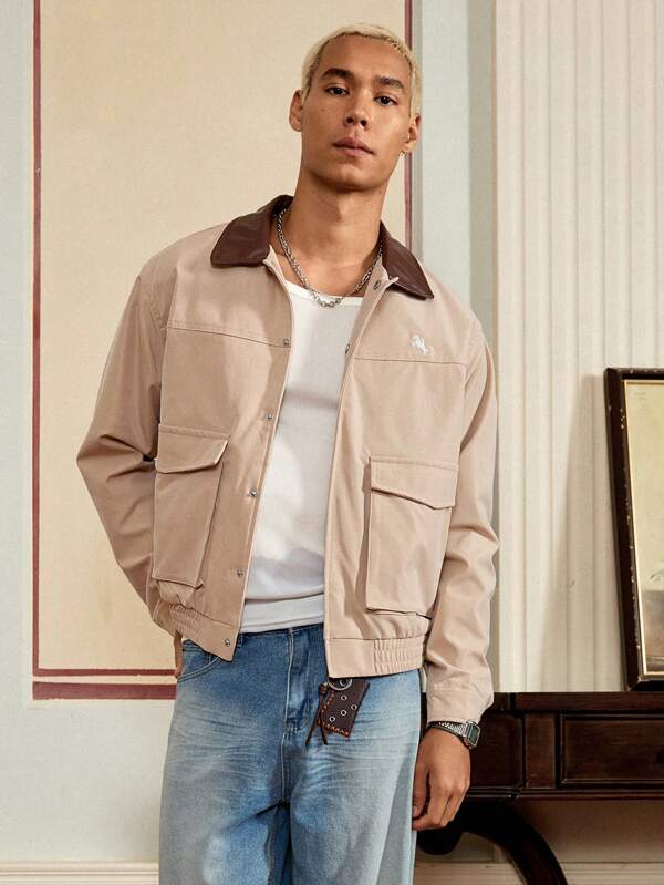 SWAVVY Men's Woven Fashion Casual Loose Zip Up Color Block Jacket Cargo Urban Vintage Long Sleeve Color Block Jacket, For Friends, Husband, Boyfriend Gifts