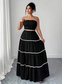 Elenzga 2pcs/Set Plus Size Women Vacation Layered Wave Pattern Crop Top And Skirt - Black - View 1