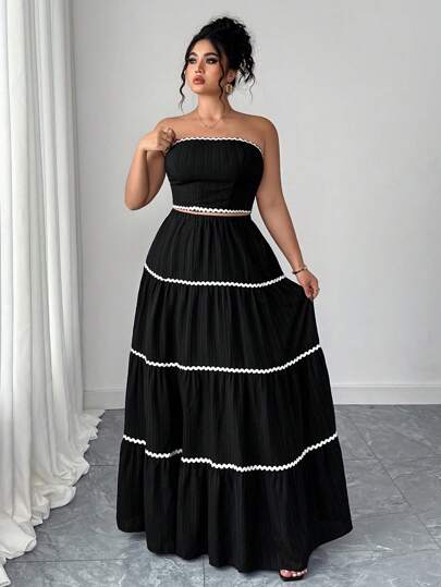 Elenzga 2件套大码女式度假分层波浪图案短款上衣和迷你裙