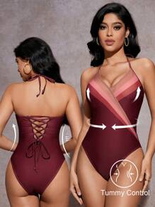 SHEIN Swim Tummy Control Patchwork Design Halter V-Neck Criss-Cross Back Tie Swimsuit For Summer Beach Vacation - Brown - View 1