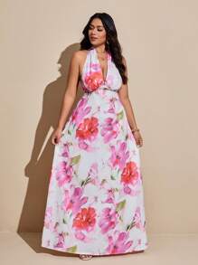 Viva Relle Große Größen Kleid mit tiefem V-Ausschnitt, rückenfreiem Design und Blumenmuster, sexy - Verschiedenfarbig - Übersicht 4