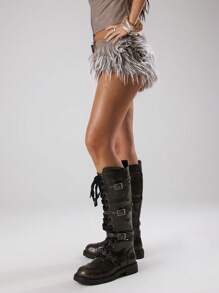 MUSERA 蓬松毛绒PU皮革腰带迷你短裤，适合夏季假期、伊比沙岛音乐节、锐舞派对、酷女孩、落难少女、秋季派对等休闲场合。 - 彩色 - 查看 4
