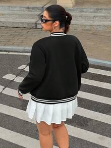 SHEIN EZwear 大碼條紋飾邊落肩袖飛行員夾克 - 黑色 - 查看 2